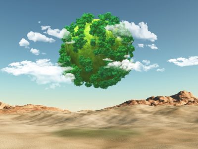 3D render of a grassy globe with trees over a barren landscape